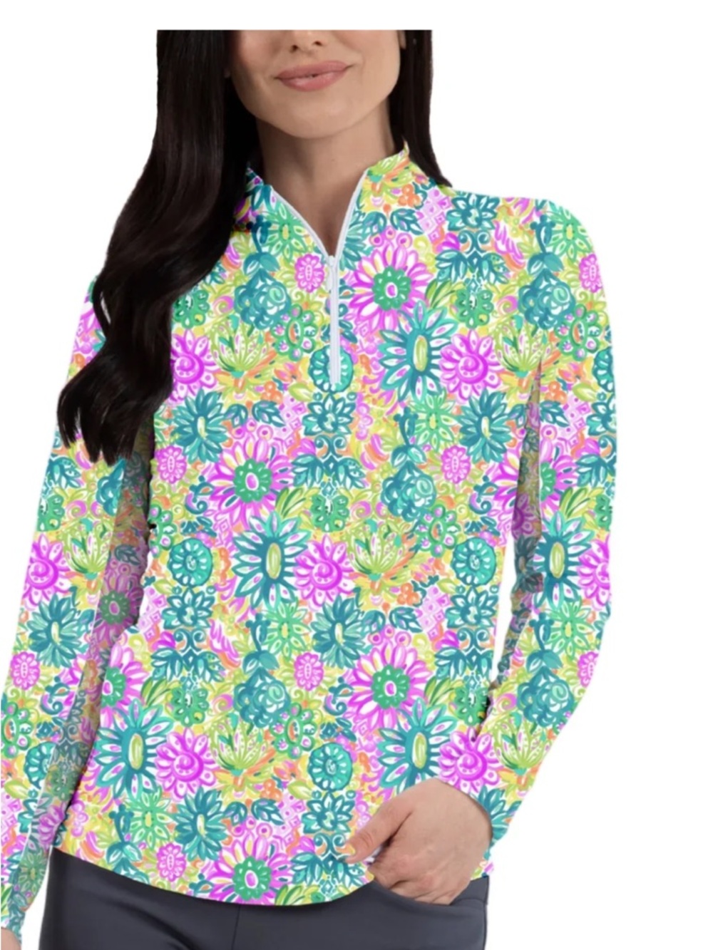 IBKUL Floral Performance Top in Teal, Pink & Yellow